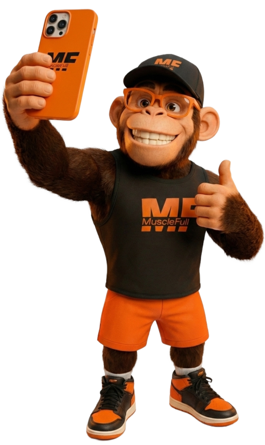 Mascote Muscle tirando uma selfie